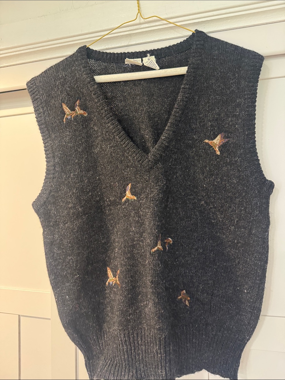 Charcoal Gray wool Embroidered Bird Knit Vest